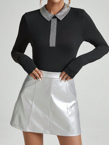 Women's Patchwork Collar Slim Fit Long Sleeve Bodysuit