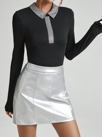 Women's Patchwork Collar Slim Fit Long Sleeve Bodysuit