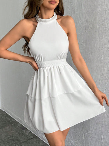 Women's Pearl Halter Double Layer Ruffle Hem Summer Wedding White Dress