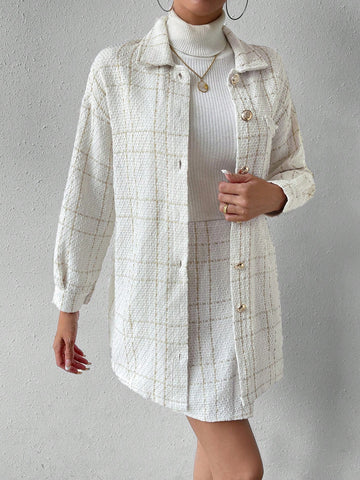 Women's Plaid Button-down Off-the-shoulder Jacket And Skirt Two-piece Set