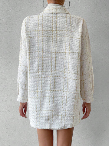 Women's Plaid Button-down Off-the-shoulder Jacket And Skirt Two-piece Set