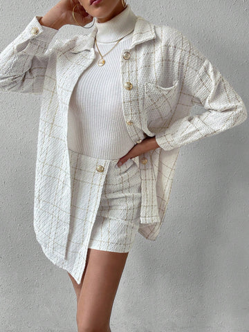 Women's Plaid Button-down Off-the-shoulder Jacket And Skirt Two-piece Set