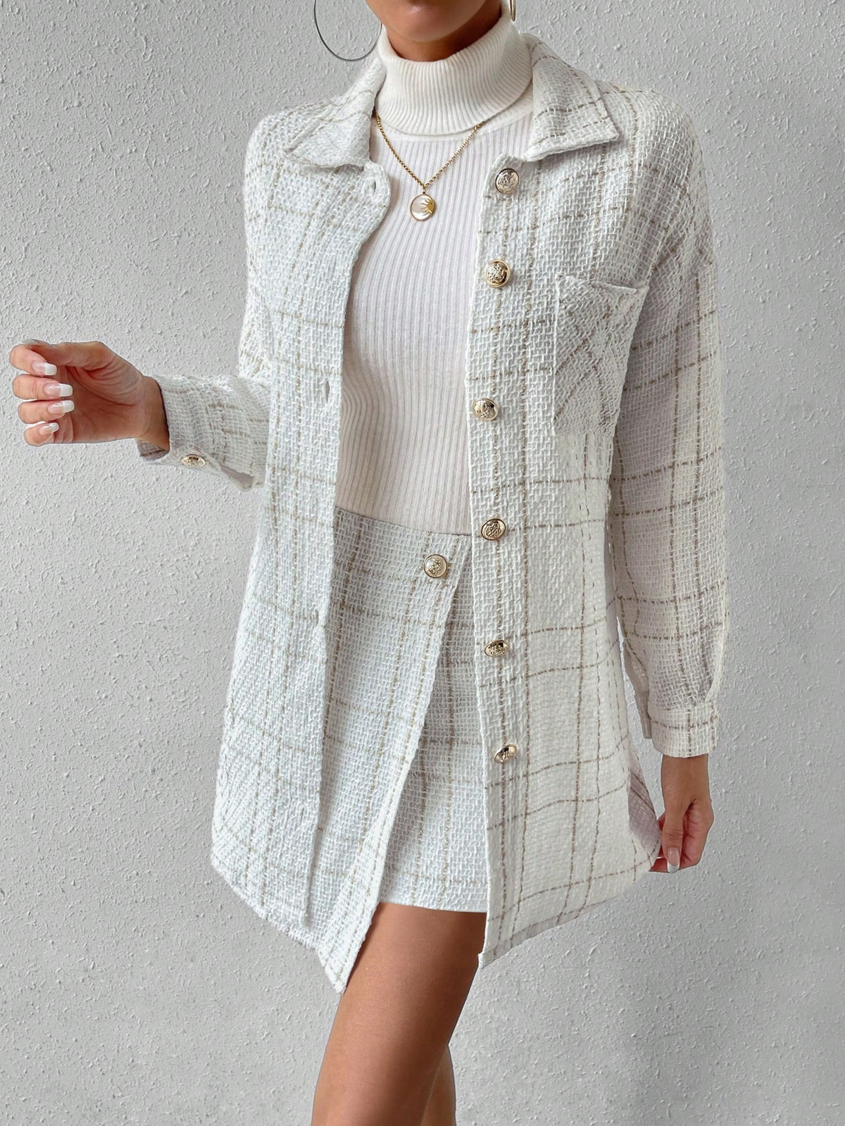 Women's Plaid Button-down Off-the-shoulder Jacket And Skirt Two-piece Set