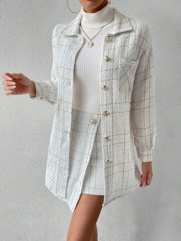 Women's Plaid Button-down Off-the-shoulder Jacket And Skirt Two-piece Set