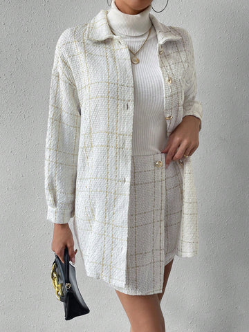 Women's Plaid Button-down Off-the-shoulder Jacket And Skirt Two-piece Set