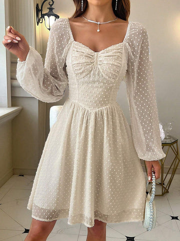 Women's Plain Diamond Collar Lantern Sleeve Dress