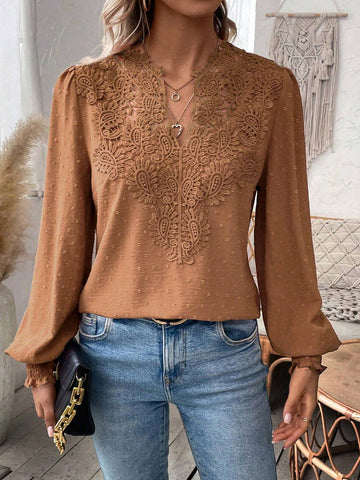 Privé Women's Plain Long Sleeve Swiss Dot Minimalist Blouse, Casual For Daily Wear