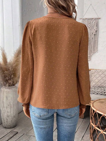 Privé Women's Plain Long Sleeve Swiss Dot Minimalist Blouse, Casual For Daily Wear