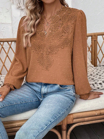 Privé Women's Plain Long Sleeve Swiss Dot Minimalist Blouse, Casual For Daily Wear