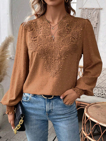 Privé Women's Plain Long Sleeve Swiss Dot Minimalist Blouse, Casual For Daily Wear