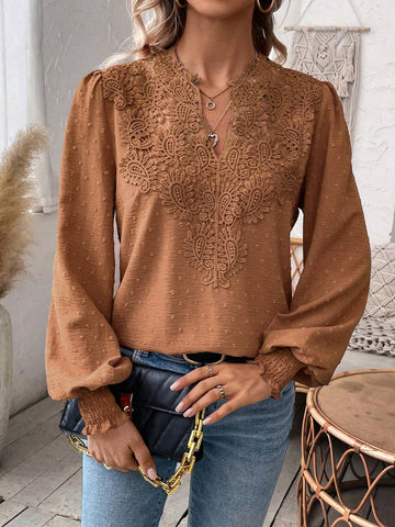 Privé Women's Plain Long Sleeve Swiss Dot Minimalist Blouse, Casual For Daily Wear