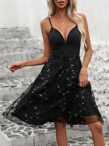 Women's Plant Embroidery Sheer Mesh Spaghetti Strap Dress