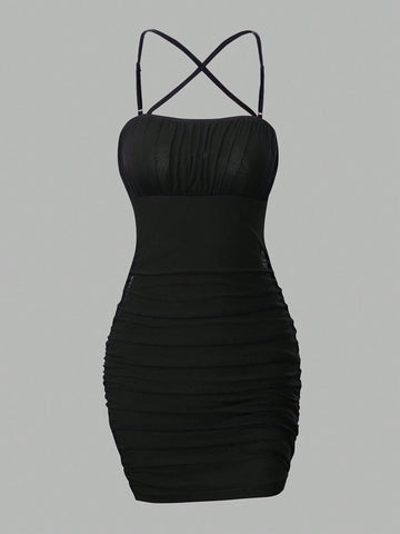 Women's Pleated Mesh Back Cross Strap Cami Dress