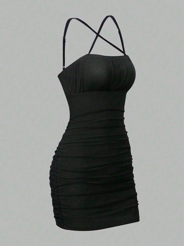 Women's Pleated Mesh Back Cross Strap Cami Dress