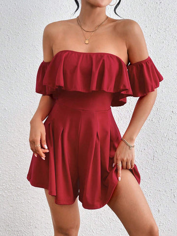 Women's Pleated Ruffle Trimmed Off Shoulder Romper Dress With Cinched Waist