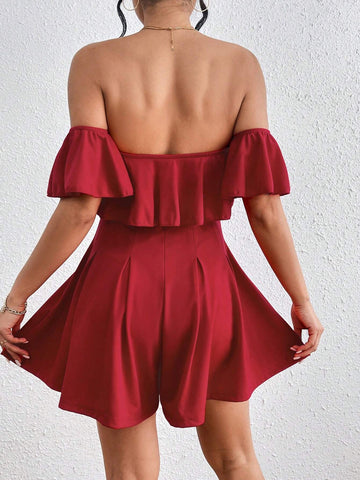 Women's Pleated Ruffle Trimmed Off Shoulder Romper Dress With Cinched Waist