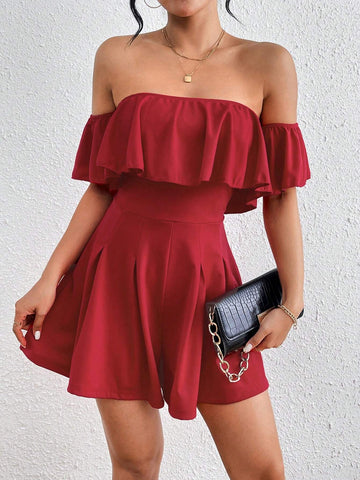 Women's Pleated Ruffle Trimmed Off Shoulder Romper Dress With Cinched Waist