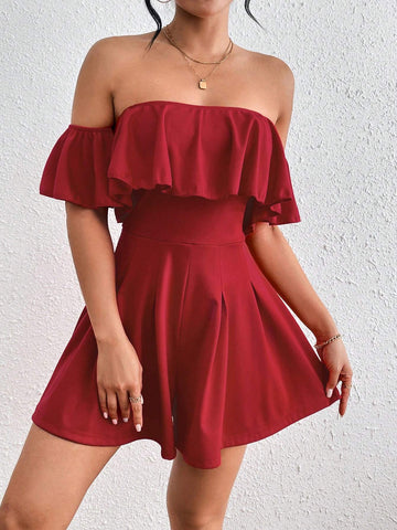 Women's Pleated Ruffle Trimmed Off Shoulder Romper Dress With Cinched Waist