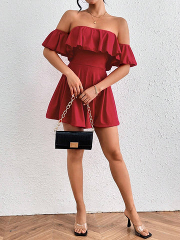 Women's Pleated Ruffle Trimmed Off Shoulder Romper Dress With Cinched Waist