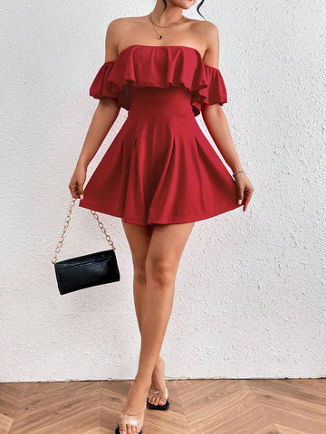Women's Pleated Ruffle Trimmed Off Shoulder Romper Dress With Cinched Waist