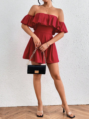 Women's Pleated Ruffle Trimmed Off Shoulder Romper Dress With Cinched Waist