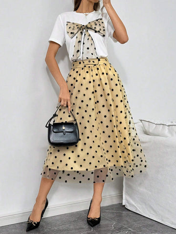 Women's Polka Dot Bowknot Casual T-Shirt And A-Line Polka Dot Skirt Set