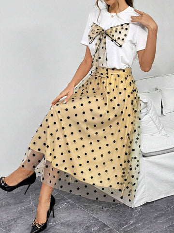 Women's Polka Dot Bowknot Casual T-Shirt And A-Line Polka Dot Skirt Set