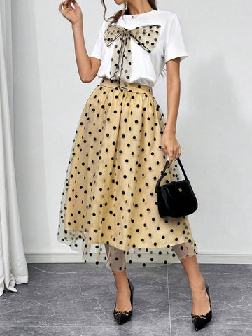 Women's Polka Dot Bowknot Casual T-Shirt And A-Line Polka Dot Skirt Set