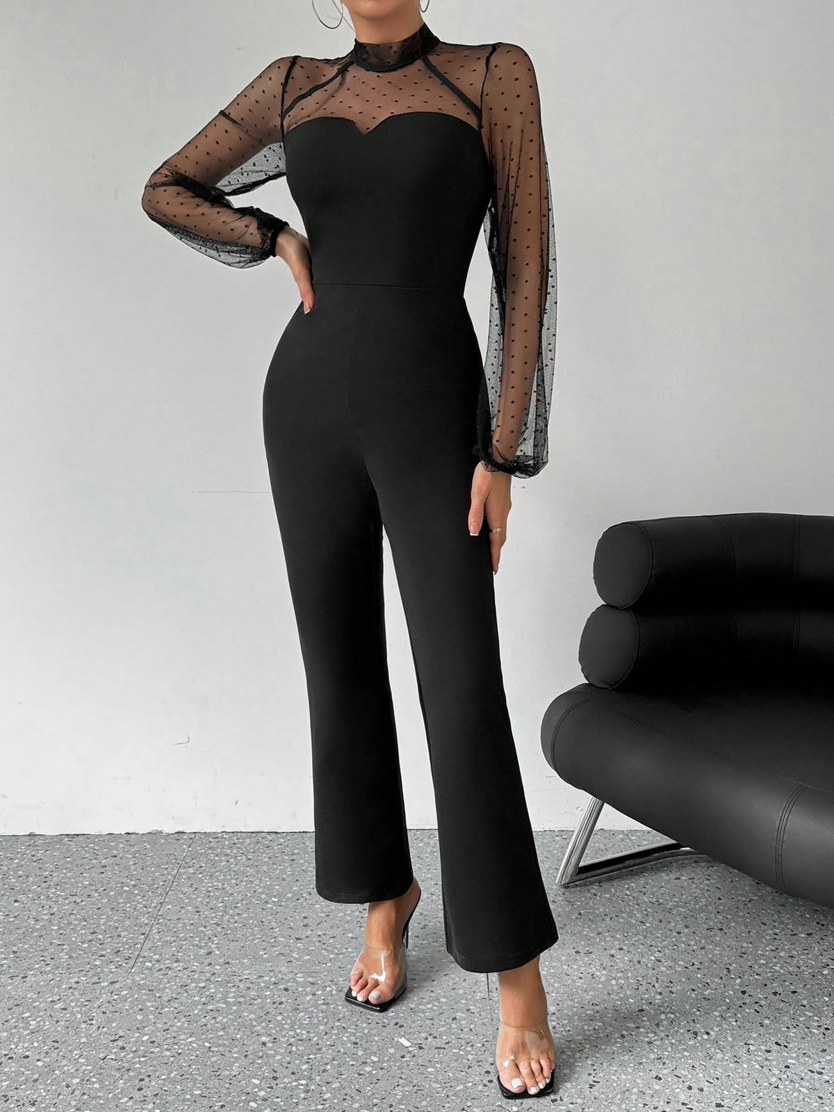 Women's Polka Dot Mesh Patchwork Lantern Sleeve Jumpsuit