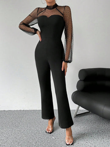 Women's Polka Dot Mesh Patchwork Lantern Sleeve Jumpsuit