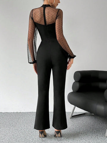 Women's Polka Dot Mesh Patchwork Lantern Sleeve Jumpsuit