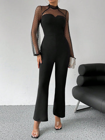 Women's Polka Dot Mesh Patchwork Lantern Sleeve Jumpsuit