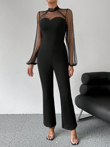 Women's Polka Dot Mesh Patchwork Lantern Sleeve Jumpsuit