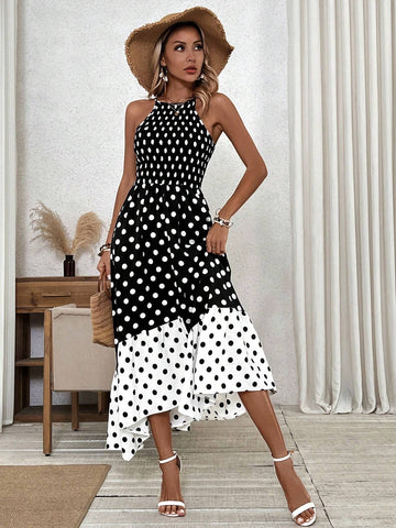 Women's Polka Dot Print Elegant & Romantic Halter Neck Dress