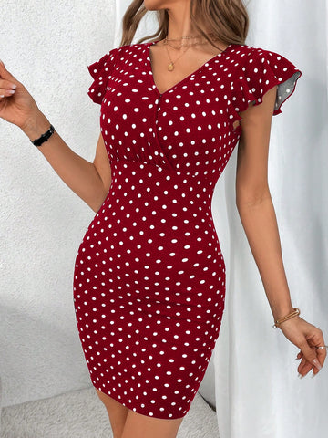 Women's Polka Dot Print Slim Fit Ruffle Hem Bodycon Dress