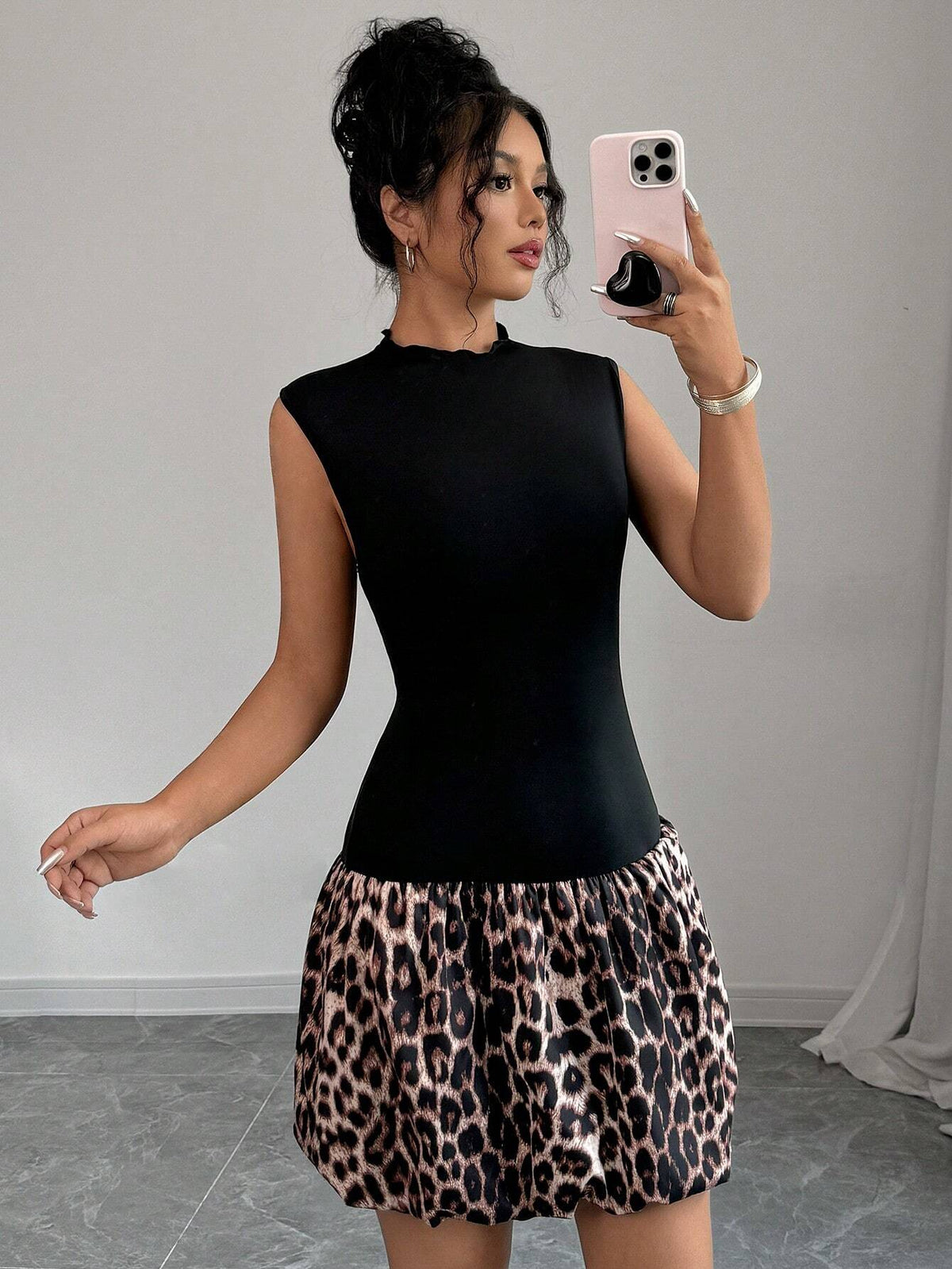 Women's Printed Mock Neck Leopard Patchwork Mini Dress