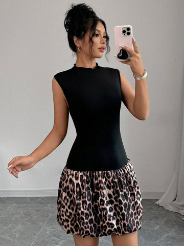 Women's Printed Mock Neck Leopard Patchwork Mini Dress