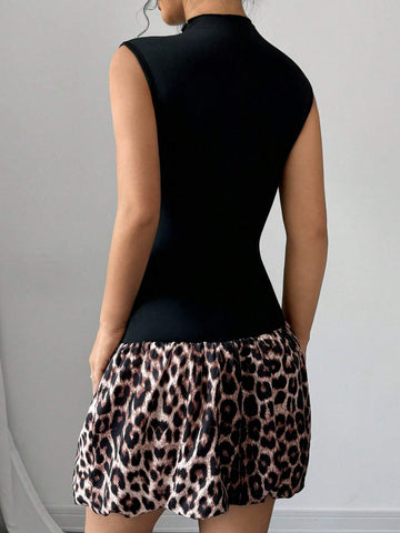 Women's Printed Mock Neck Leopard Patchwork Mini Dress