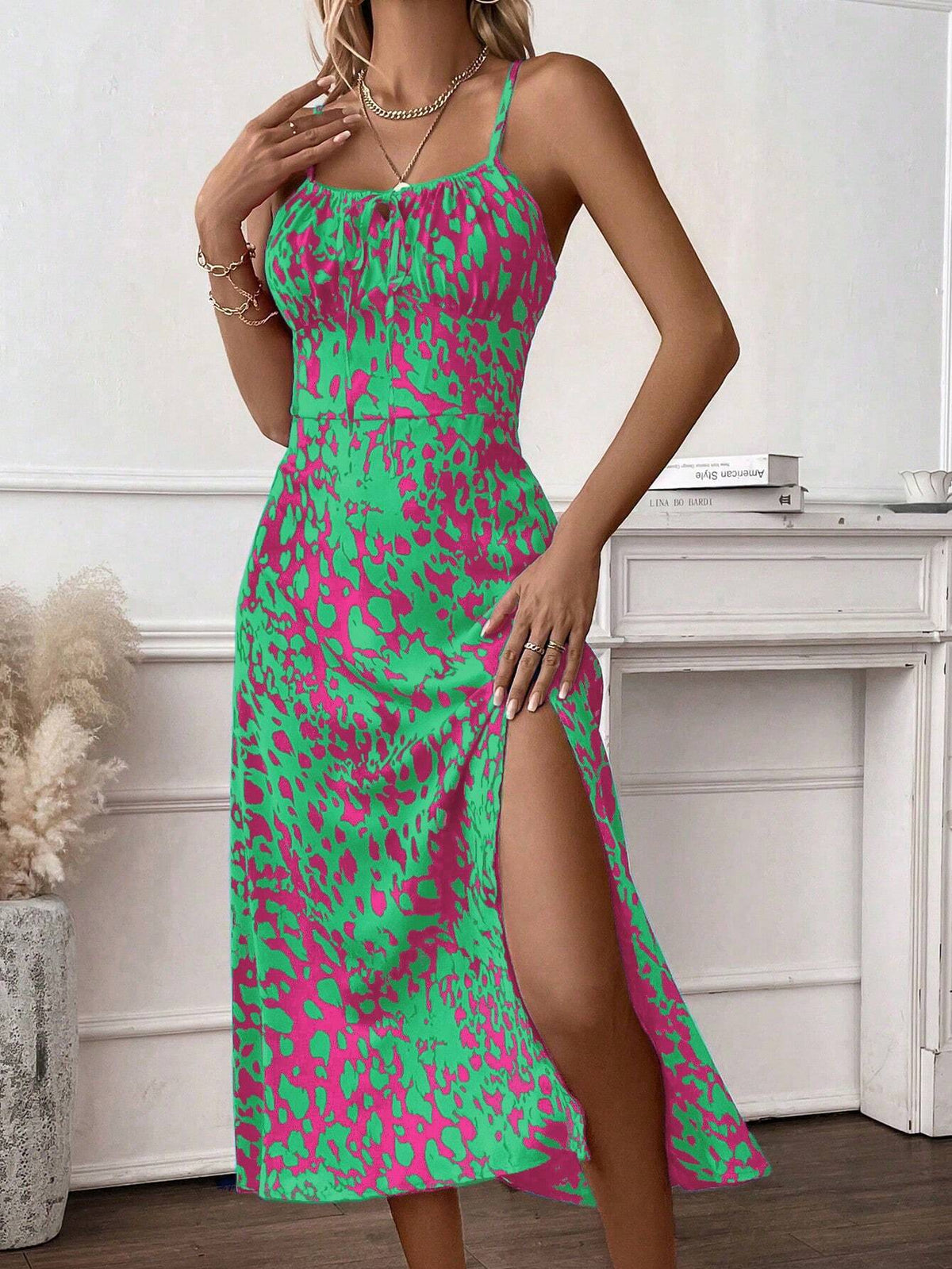 Women's Printed Slit Holiday Style Cami Dress