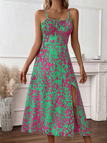 Women's Printed Slit Holiday Style Cami Dress