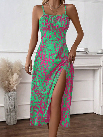 Women's Printed Slit Holiday Style Cami Dress