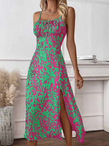 Women's Printed Slit Holiday Style Cami Dress