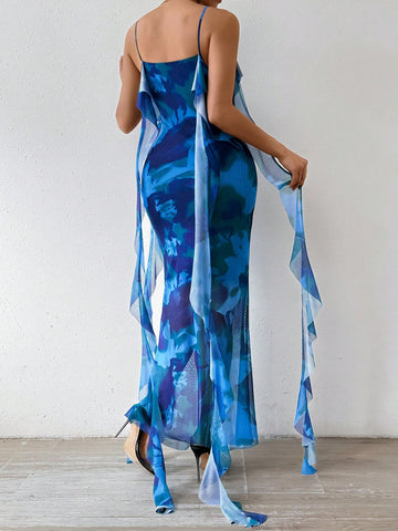 Women's Printed Spaghetti Strap Dress With Tassel Belt