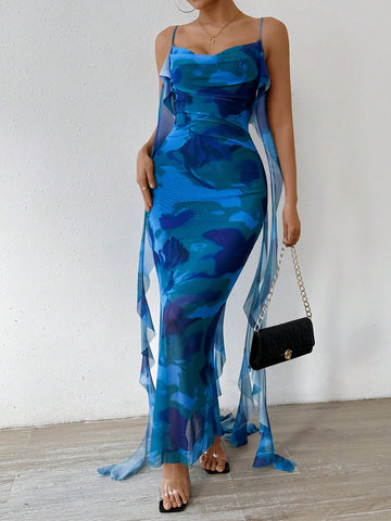 Women's Printed Spaghetti Strap Dress With Tassel Belt