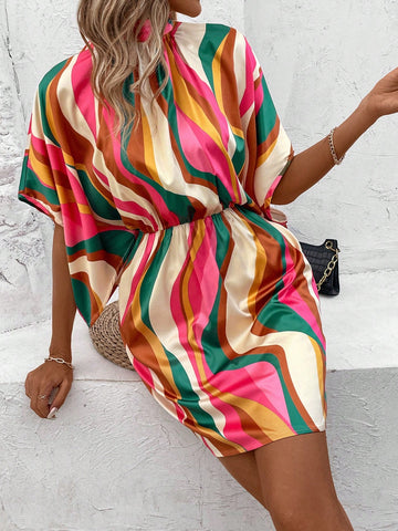 Women's Printed Stand Collar Cinching Waist Dress