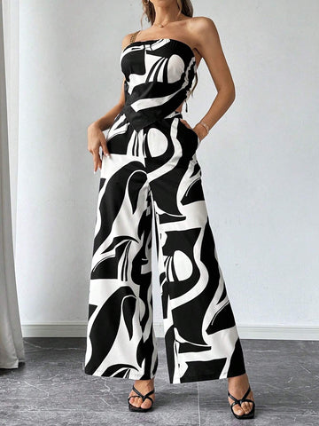 Women's Printed Strapless Crop Top And Wide Leg Pants Two-Piece Set