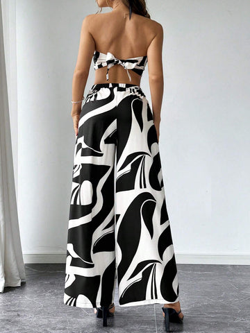 Women's Printed Strapless Crop Top And Wide Leg Pants Two-Piece Set