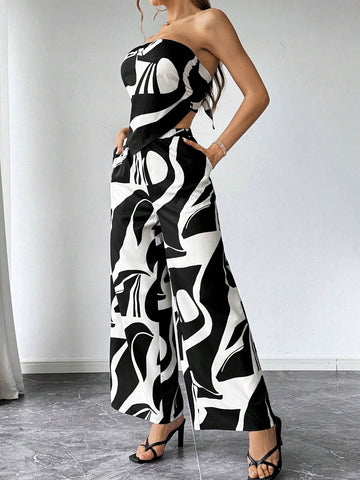 Women's Printed Strapless Crop Top And Wide Leg Pants Two-Piece Set