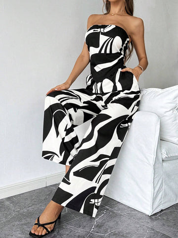 Women's Printed Strapless Crop Top And Wide Leg Pants Two-Piece Set