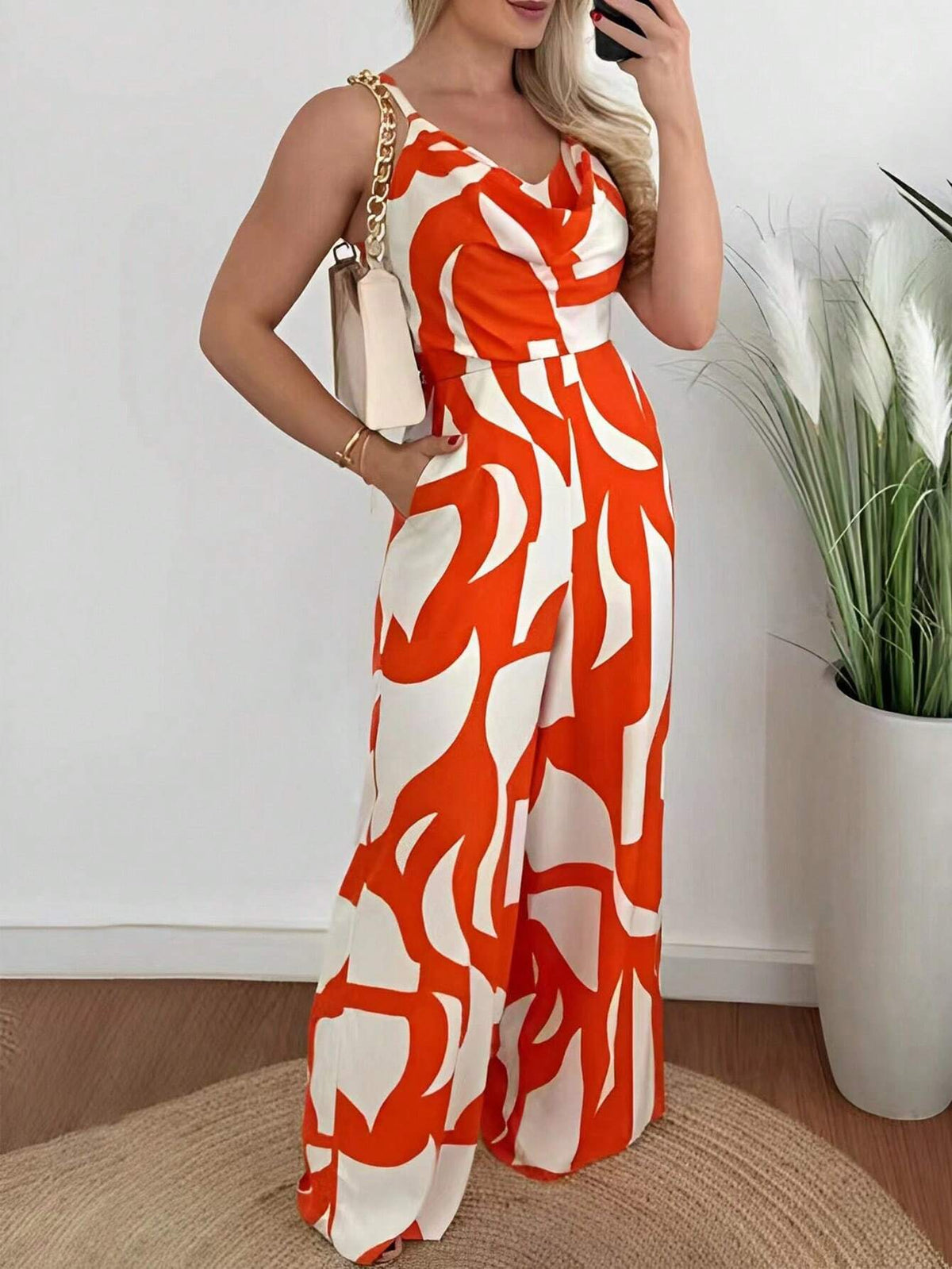 Women's Printed V-Neck Jumpsuit With Pendant, Summer Beachwear